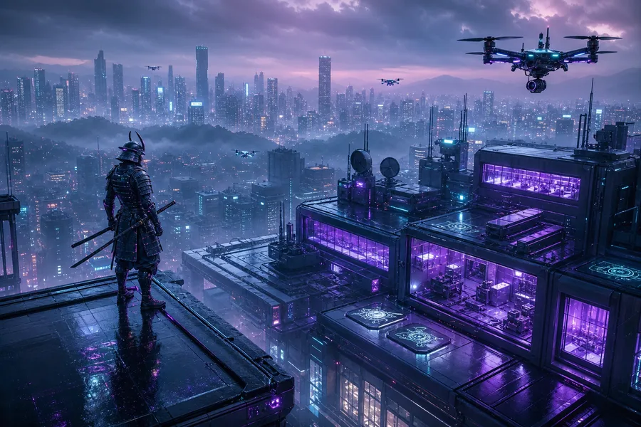 Cyber Samurai Standing On Skyscraper Hamster-Robotics Wallpaper  5 4K