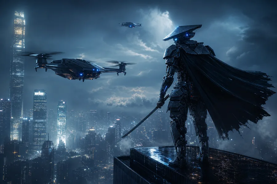 Cyber Samurai Standing On Skyscraper Hamster-Robotics Wallpaper  5 4K