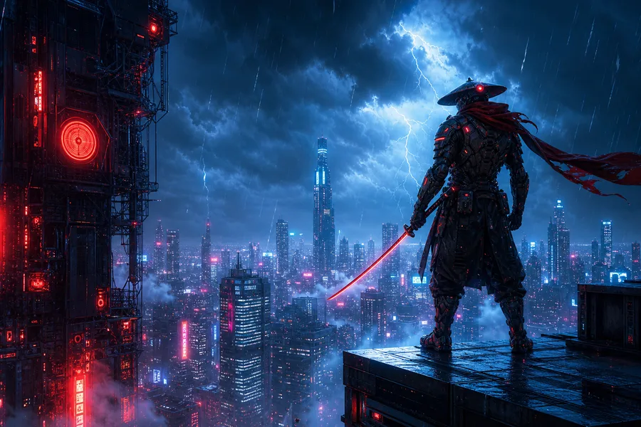Cyber Samurai Standing On Skyscraper Hamster-Robotics Wallpaper  5 4K