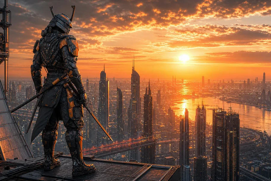 Cyber Samurai Standing On Skyscraper Hamster-Robotics Wallpaper  5 4K