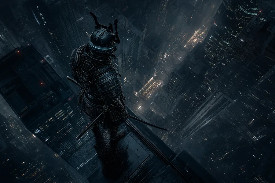 Cyber Samurai Standing On Skyscraper Hamster-Robotics Wallpaper  5 4K