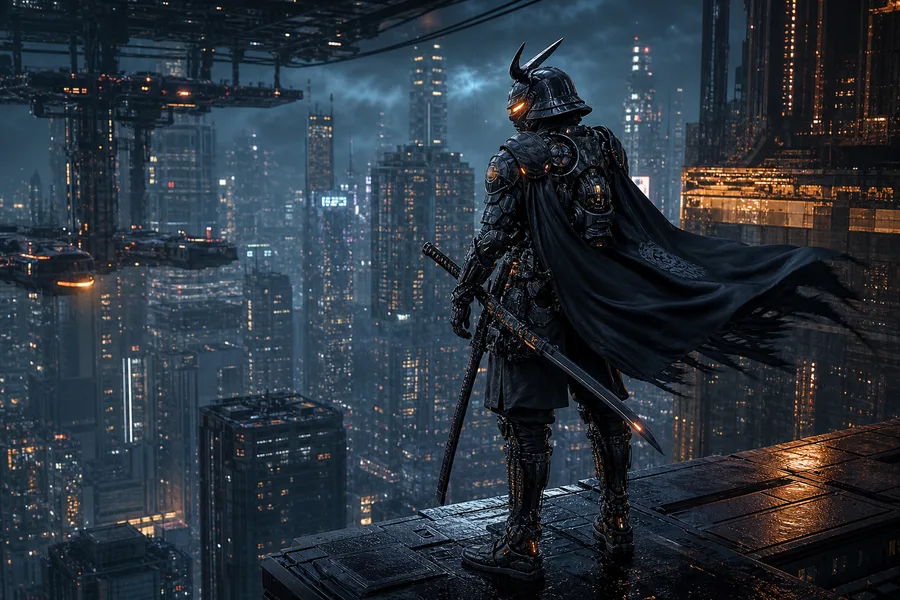 Cyber Samurai Standing On Skyscraper Hamster-Robotics Wallpaper  5 4K