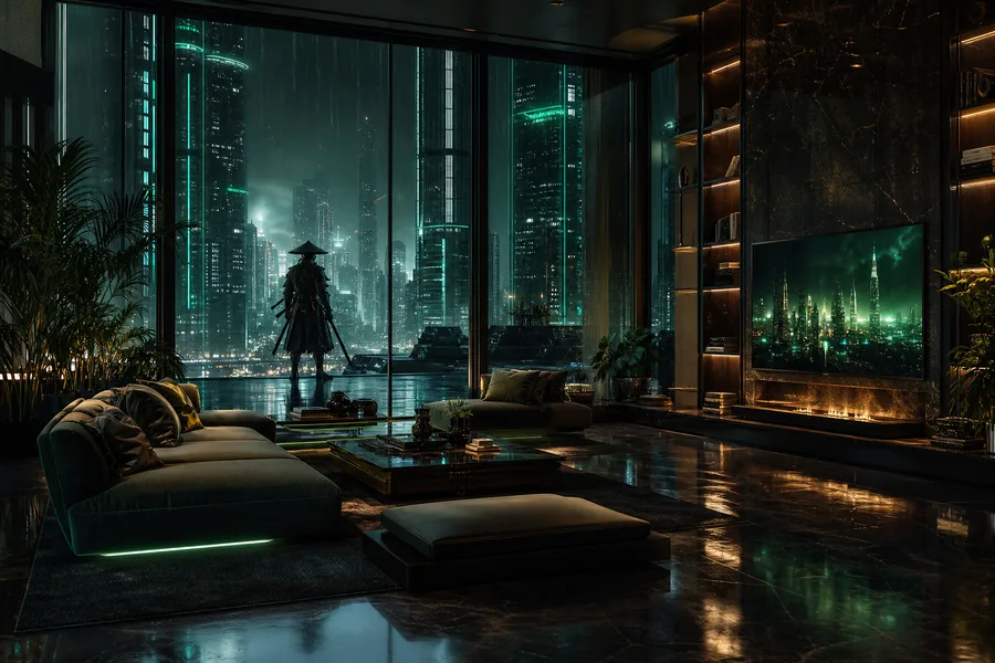 Cyber Samurai Standing On Skyscraper Living-Room-Design Wallpaper  21 4K