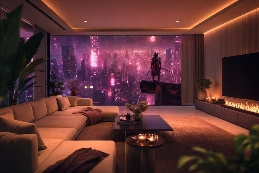 Cyber Samurai Standing On Skyscraper Living-Room-Design Wallpaper  5 4K