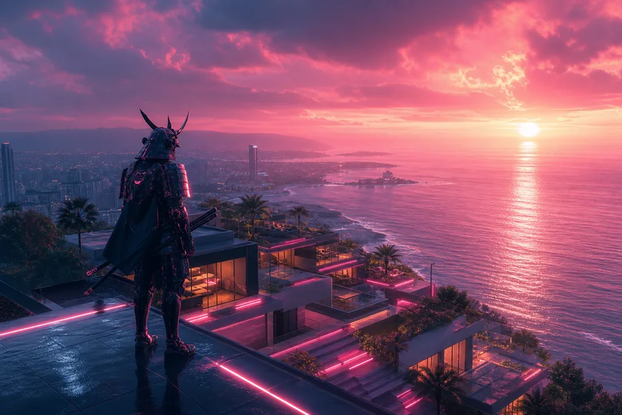 Cyber Samurai Standing On Skyscraper Luxury-Villas Wallpaper  5 4K