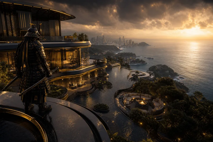 Cyber Samurai Standing On Skyscraper Luxury-Villas Wallpaper  5 4K