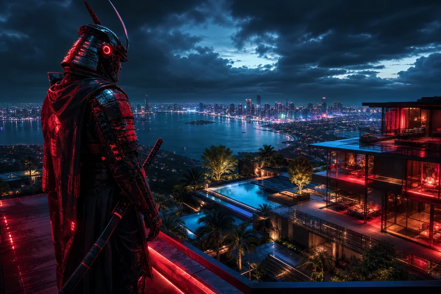 Cyber Samurai Standing On Skyscraper Luxury-Villas Wallpaper  5 4K