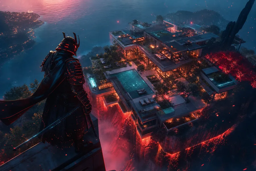 Cyber Samurai Standing On Skyscraper Luxury-Villas Wallpaper  5 4K