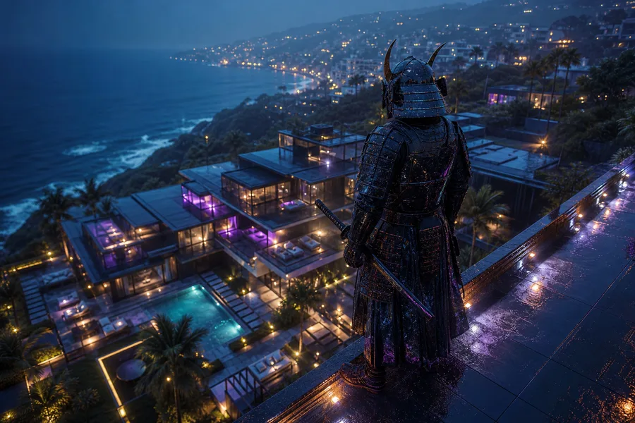 Cyber Samurai Standing On Skyscraper Luxury-Villas Wallpaper  5 4K