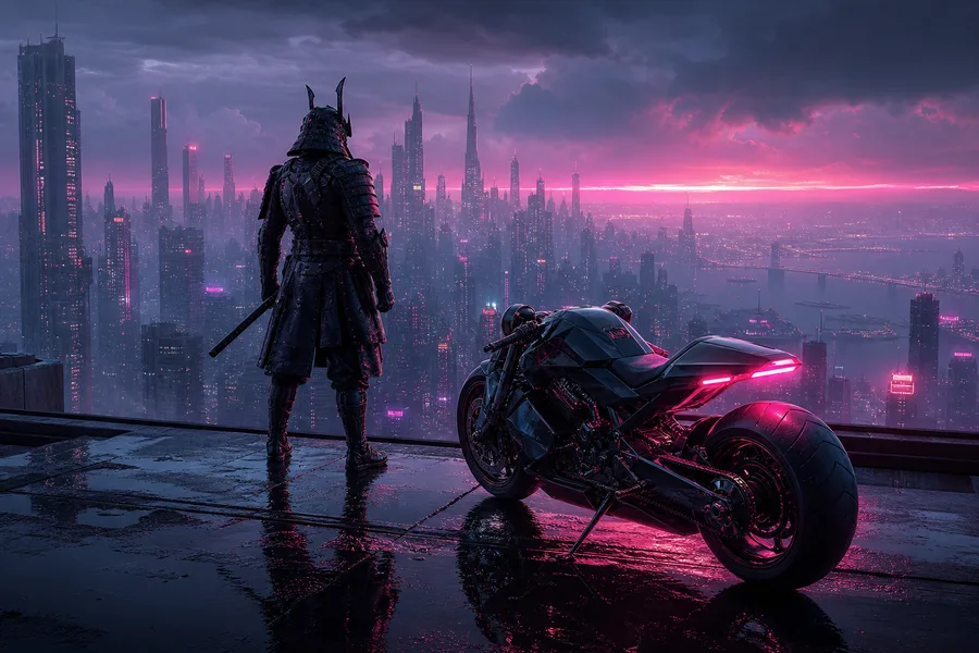 Cyber Samurai Standing On Skyscraper Motorcycles Wallpaper  5 4K