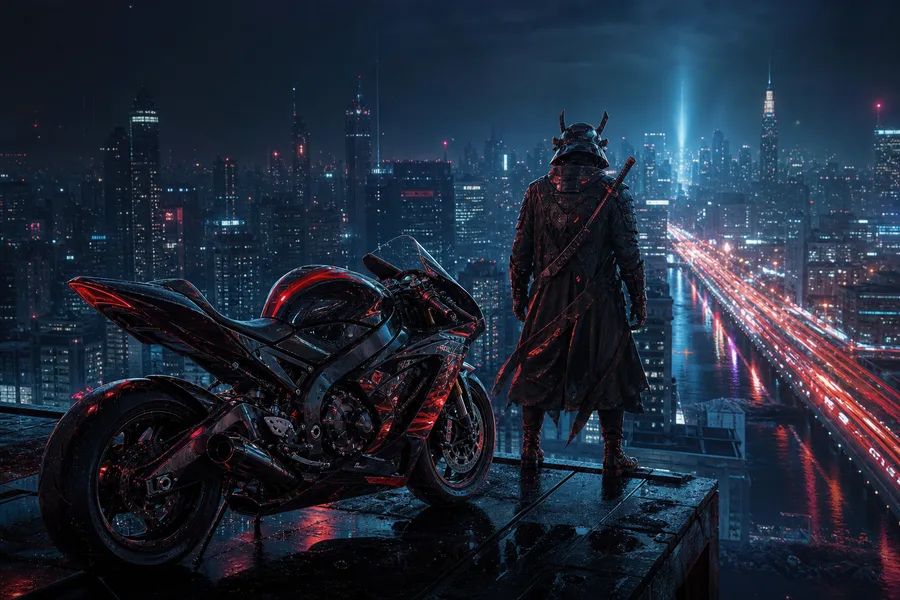 Cyber Samurai Standing On Skyscraper Motorcycles Wallpaper  5 4K