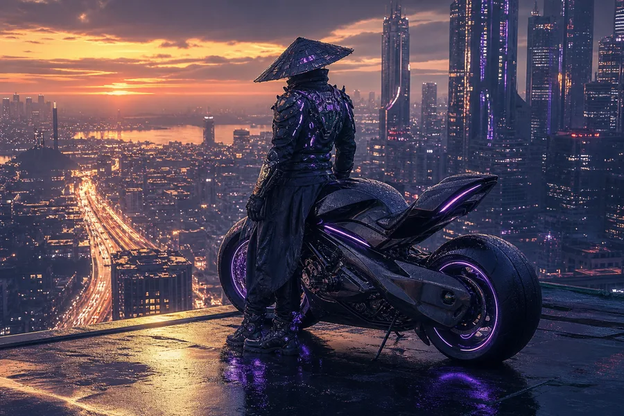 Cyber Samurai Standing On Skyscraper Motorcycles Wallpaper  5 4K