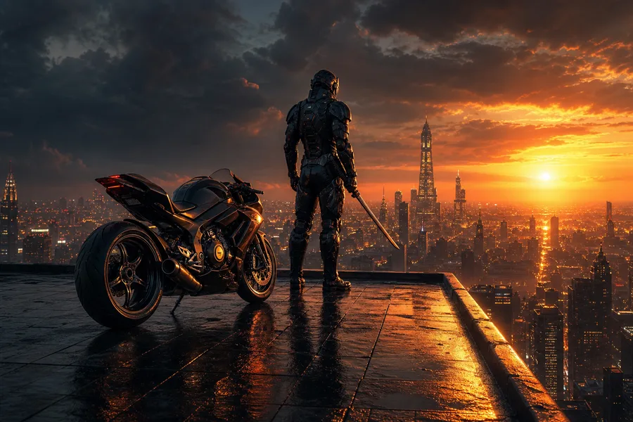 Cyber Samurai Standing On Skyscraper Motorcycles Wallpaper  5 4K