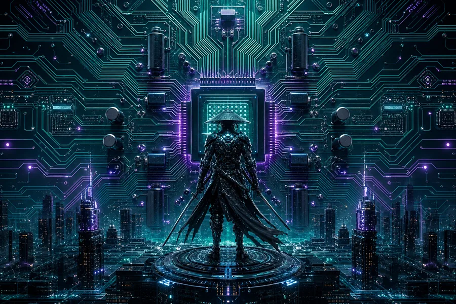 Cyber Samurai Standing On Skyscraper Pcb-Design Wallpaper  5 4K