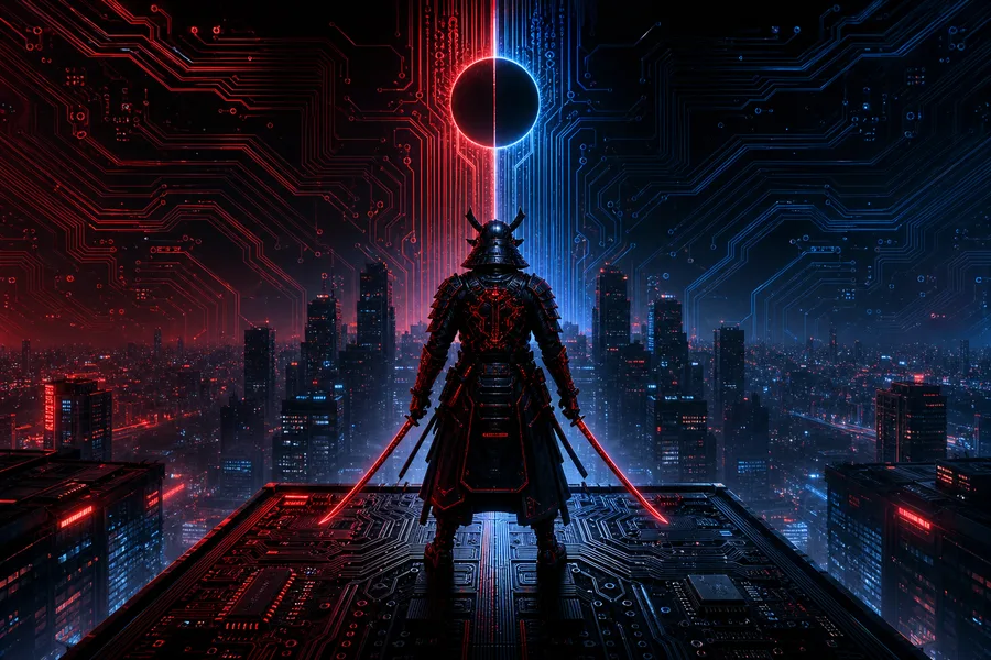 Cyber Samurai Standing On Skyscraper Pcb-Design Wallpaper  5 4K