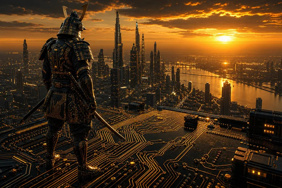 Cyber Samurai Standing On Skyscraper Pcb-Design Wallpaper  5 4K