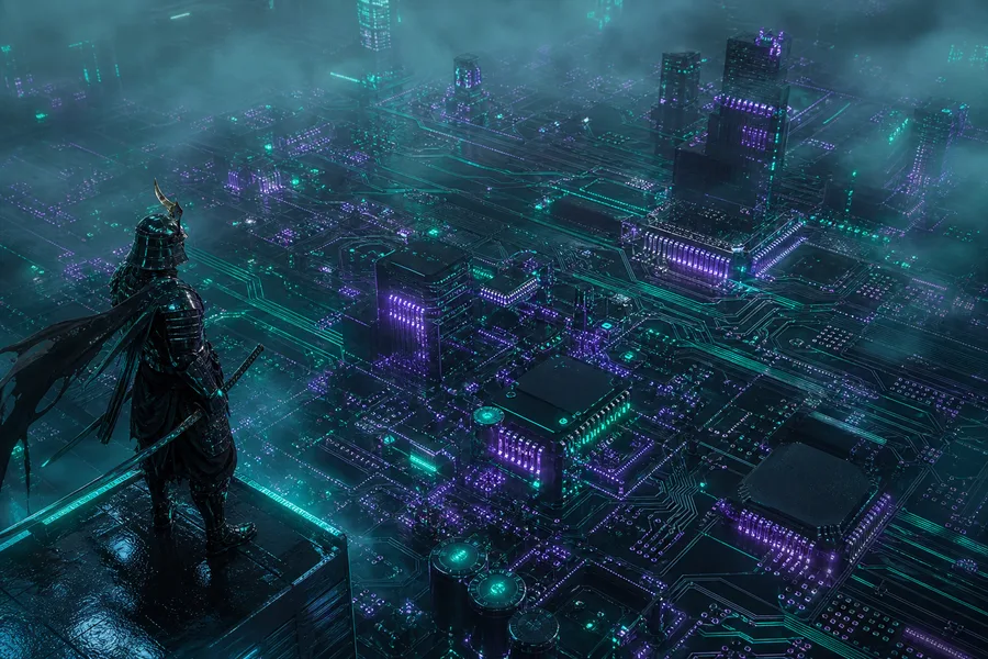 Cyber Samurai Standing On Skyscraper Pcb-Design Wallpaper  5 4K