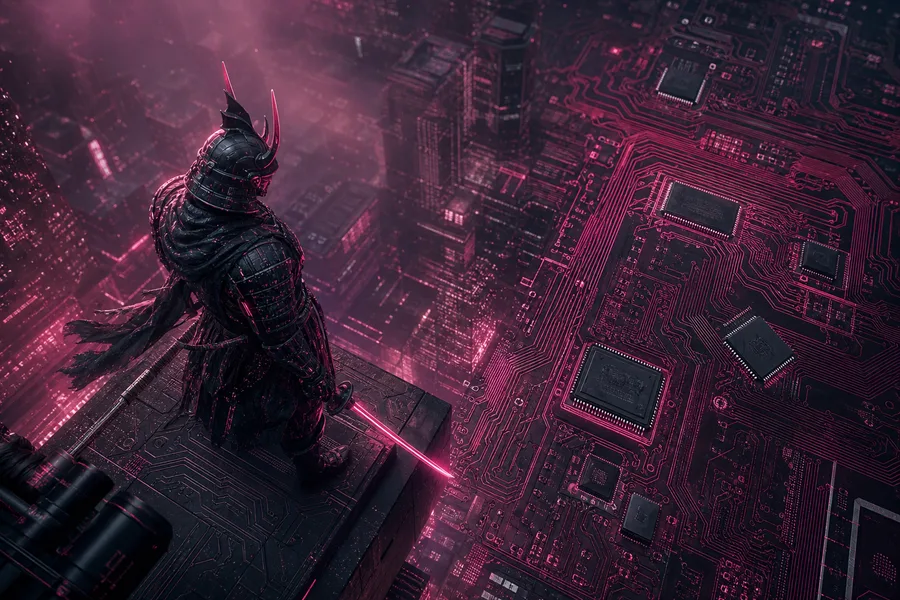 Cyber Samurai Standing On Skyscraper Pcb-Design Wallpaper  5 4K