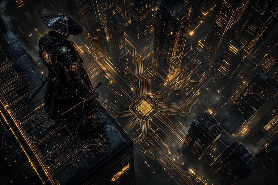 Cyber Samurai Standing On Skyscraper Pcb-Design Wallpaper  5 4K