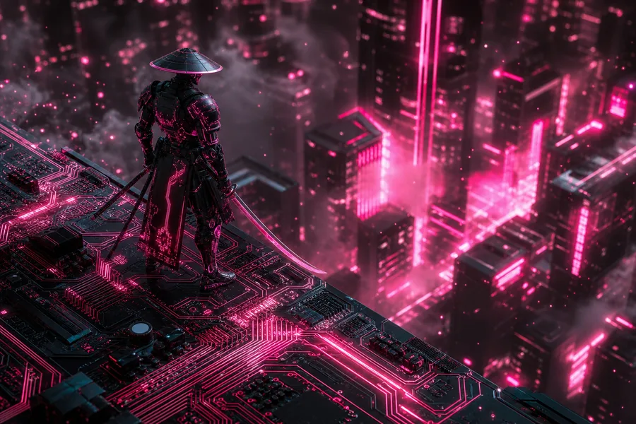 Cyber Samurai Standing On Skyscraper Pcb-Design Wallpaper  5 4K