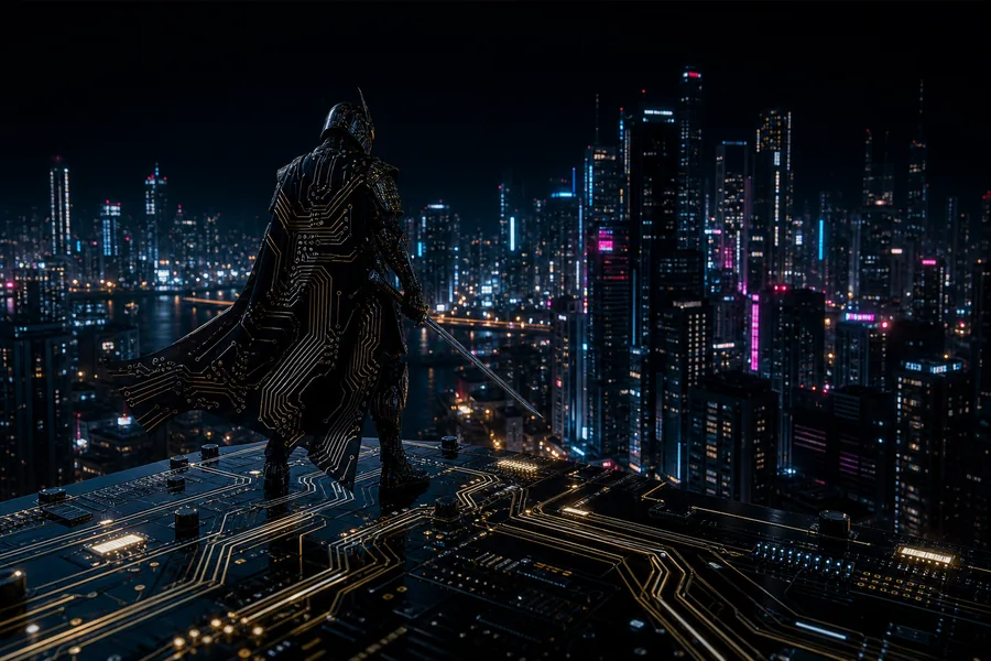 Cyber Samurai Standing On Skyscraper Pcb-Design Wallpaper  5 4K
