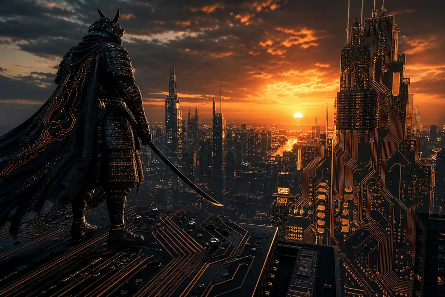 Cyber Samurai Standing On Skyscraper Pcb-Design Wallpaper  5 4K