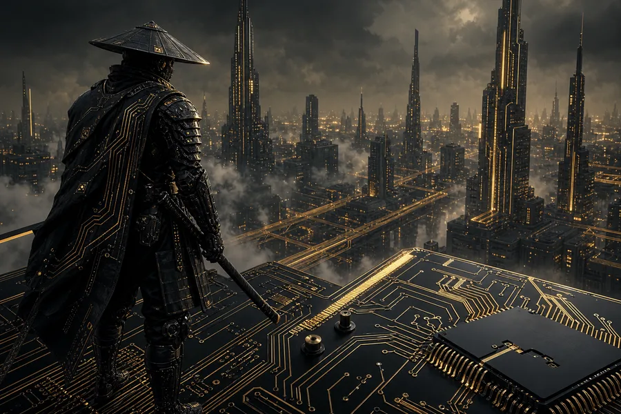 Cyber Samurai Standing On Skyscraper Pcb-Design Wallpaper  5 4K