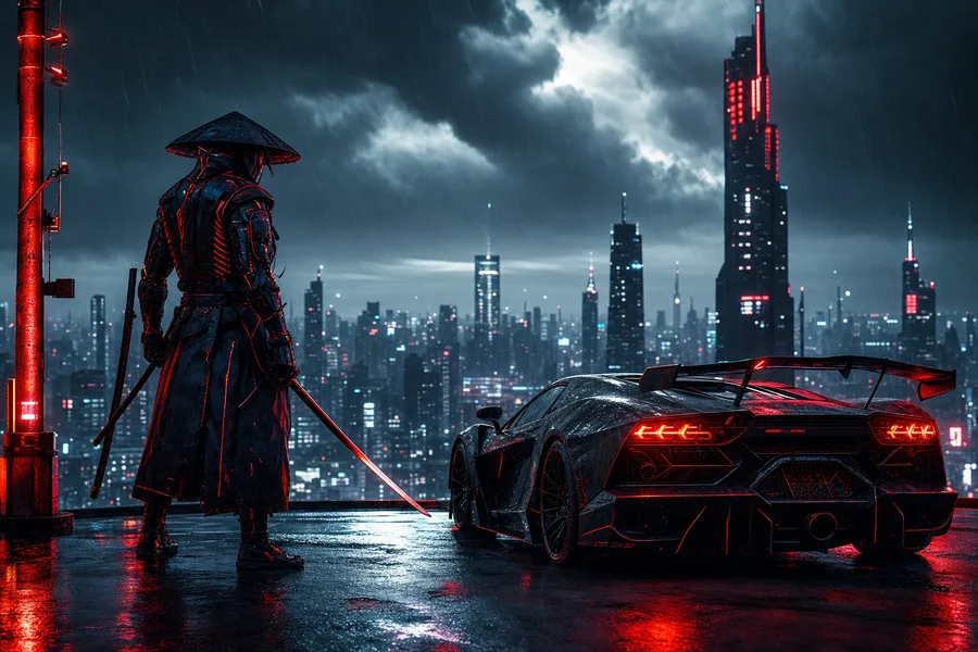 Cyber Samurai Standing On Skyscraper Supercars Wallpaper  5 4K