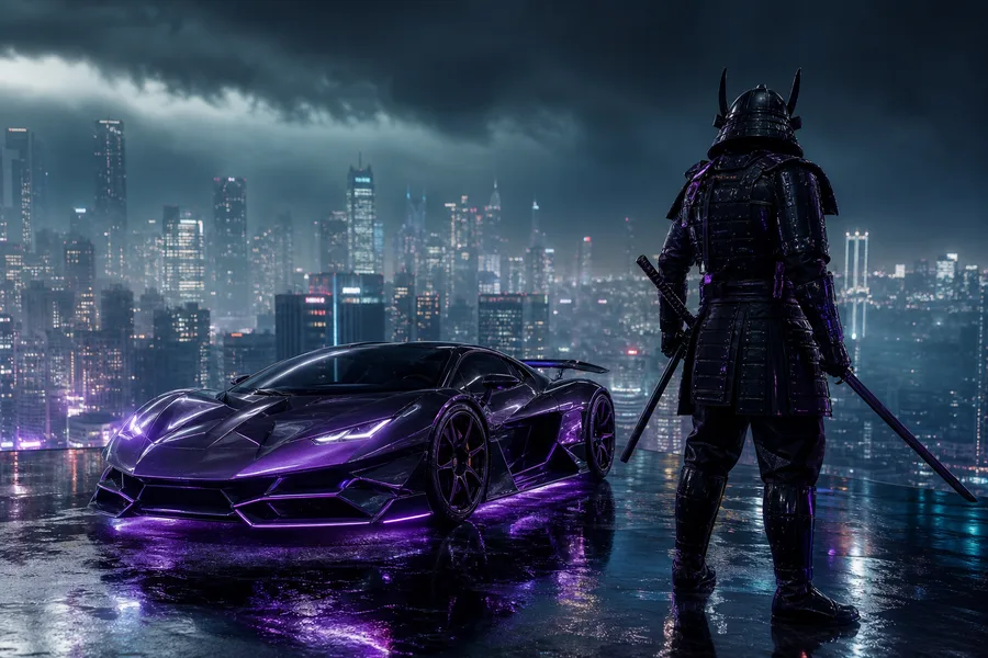 Cyber Samurai Standing On Skyscraper Supercars Wallpaper  5 4K