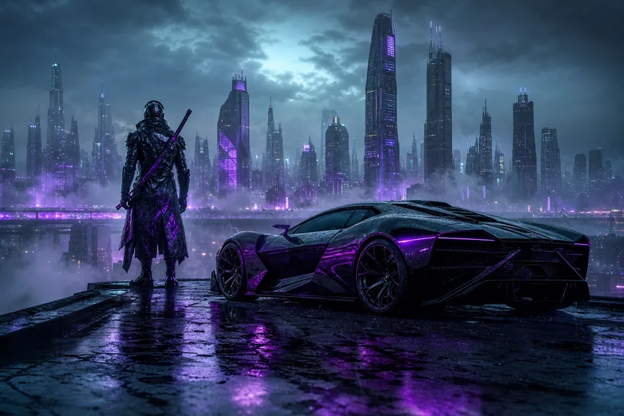 Cyber Samurai Standing On Skyscraper Supercars Wallpaper  5 4K