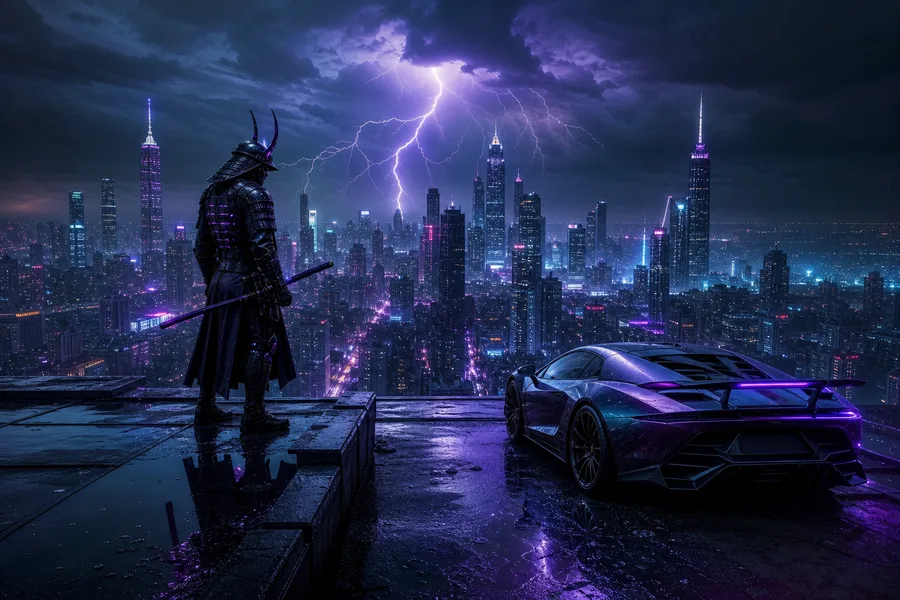 Cyber Samurai Standing On Skyscraper Supercars Wallpaper  5 4K