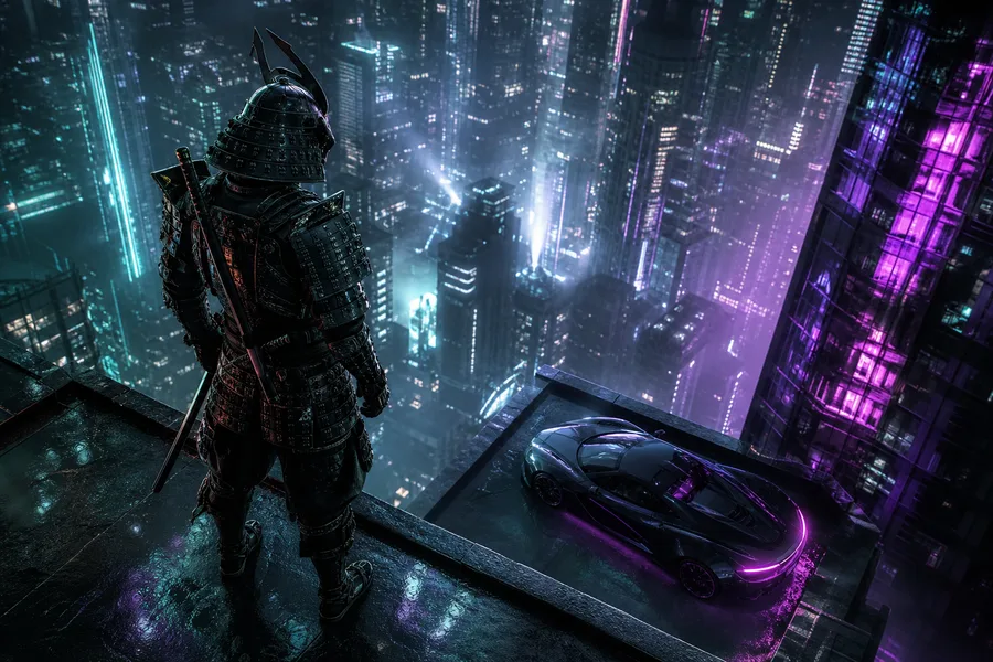 Cyber Samurai Standing On Skyscraper Supercars Wallpaper  5 4K