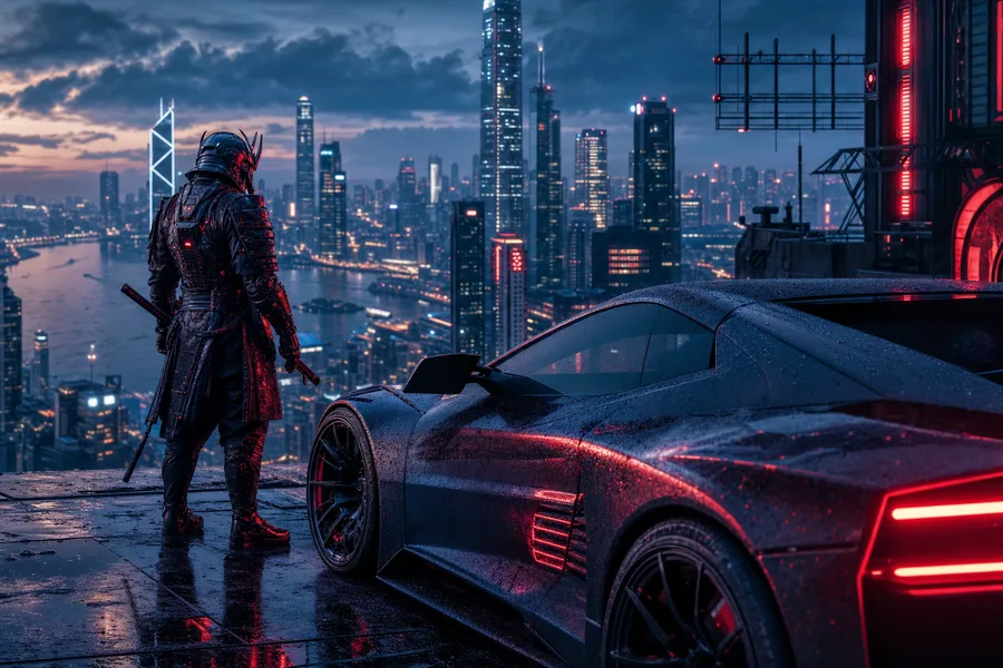 Cyber Samurai Standing On Skyscraper Supercars Wallpaper  5 4K