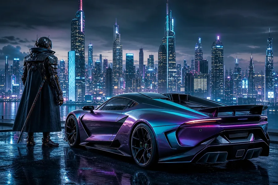 Cyber Samurai Standing On Skyscraper Supercars Wallpaper  5 4K