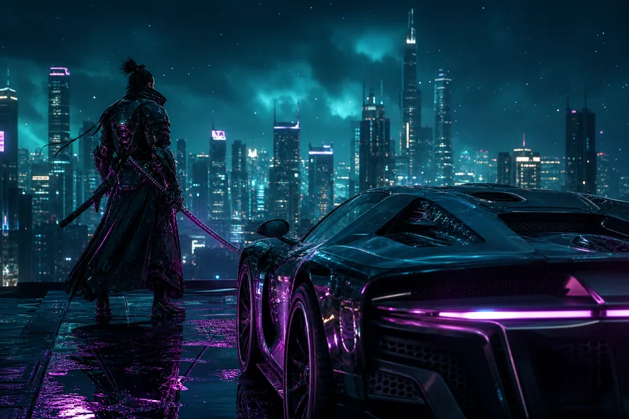 Cyber Samurai Standing On Skyscraper Supercars Wallpaper  5 4K