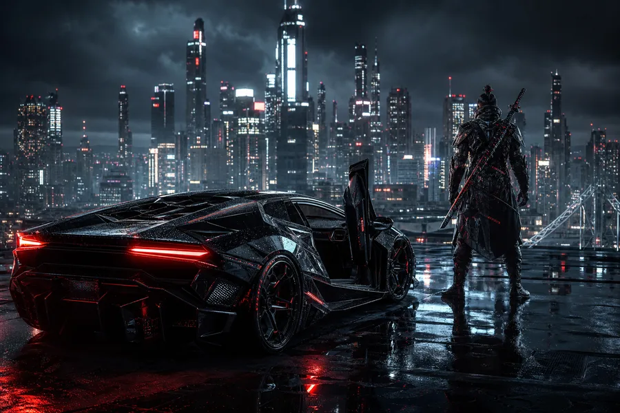 Cyber Samurai Standing On Skyscraper Supercars Wallpaper  5 4K