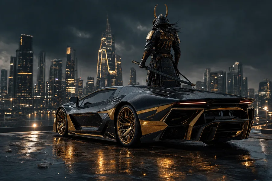 Cyber Samurai Standing On Skyscraper Supercars Wallpaper  5 4K
