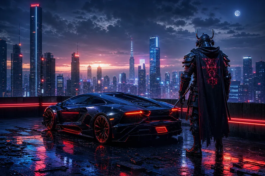 Cyber Samurai Standing On Skyscraper Supercars Wallpaper  5 4K