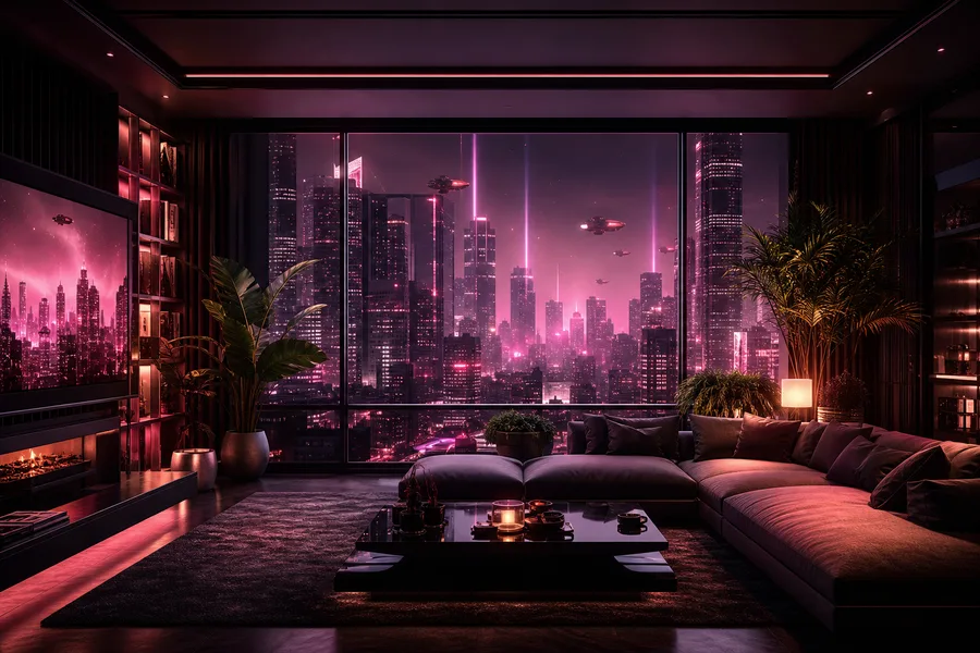 Cyberpunk Apartment Window View Living-Room-Design Wallpaper  14 4K