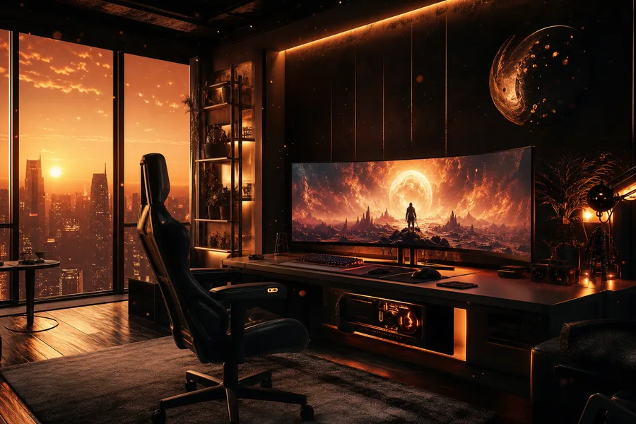 Cyberpunk Gaming Room With Ultrawide Monitor Gaming Wallpaper  14 4K