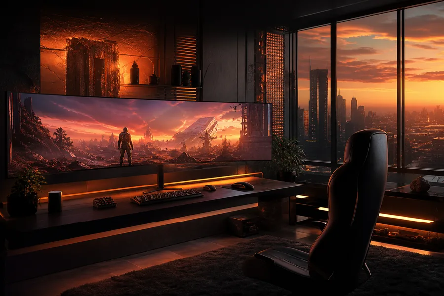 Cyberpunk Gaming Room With Ultrawide Monitor Gaming Wallpaper  14 4K