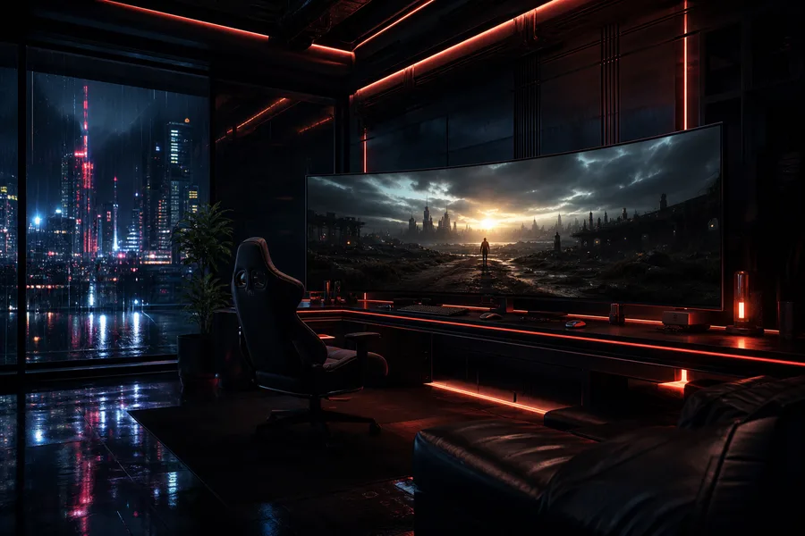 Cyberpunk Gaming Room With Ultrawide Monitor Gaming Wallpaper  4 4K