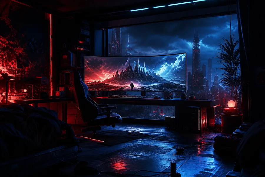 Cyberpunk Gaming Room With Ultrawide Monitor Gaming Wallpaper  4 4K