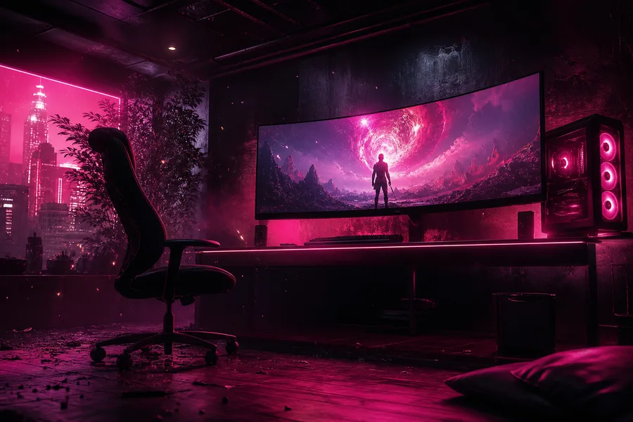 Cyberpunk Gaming Room With Ultrawide Monitor Gaming Wallpaper  4 4K