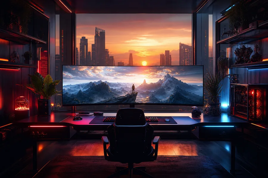 Cyberpunk Gaming Room With Ultrawide Monitor Gaming Wallpaper  4 4K