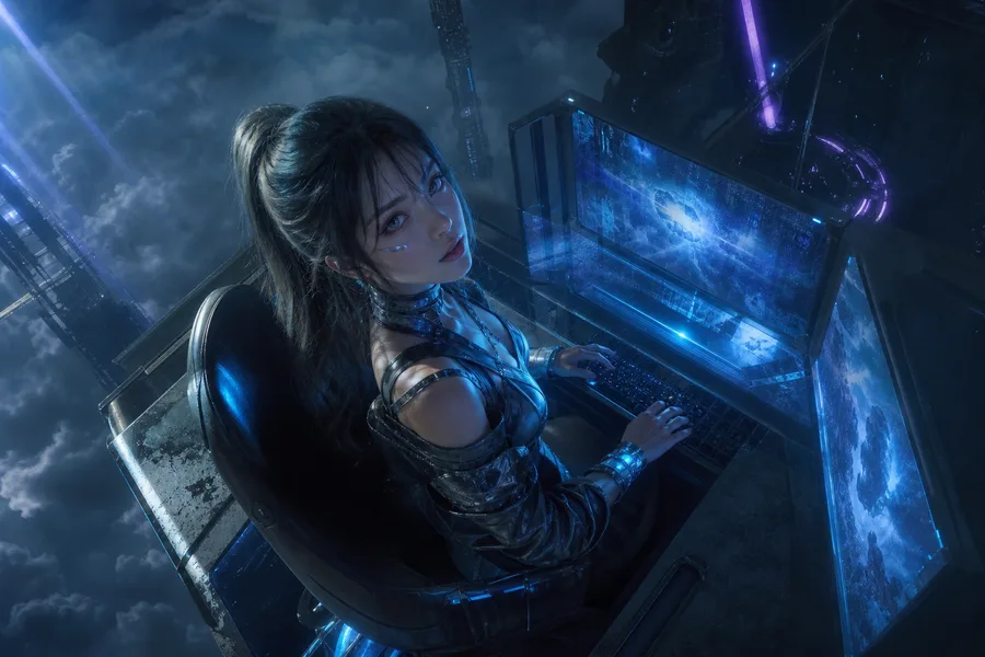 Cyberpunk Hacker Room With Neon Screens Ai-Girls Wallpaper  3 4K