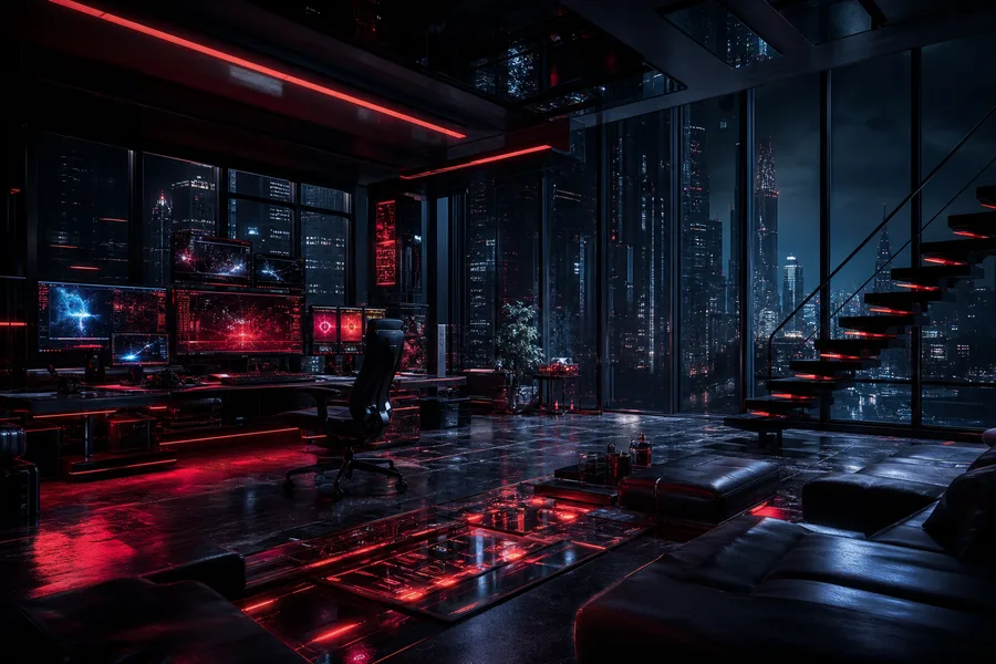 Cyberpunk Hacker Room With Neon Screens Architecture Wallpaper  3 4K
