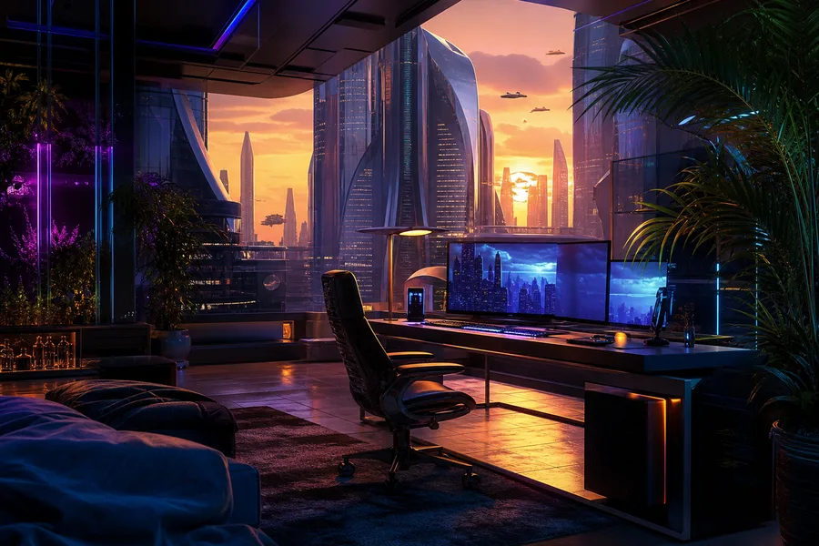 Cyberpunk Hacker Room With Neon Screens Architecture Wallpaper  3 4K