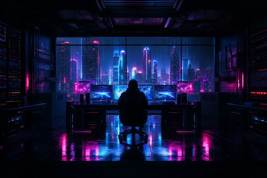 Cyberpunk Hacker Room With Neon Screens Cyberpunk Wallpaper  3 4K