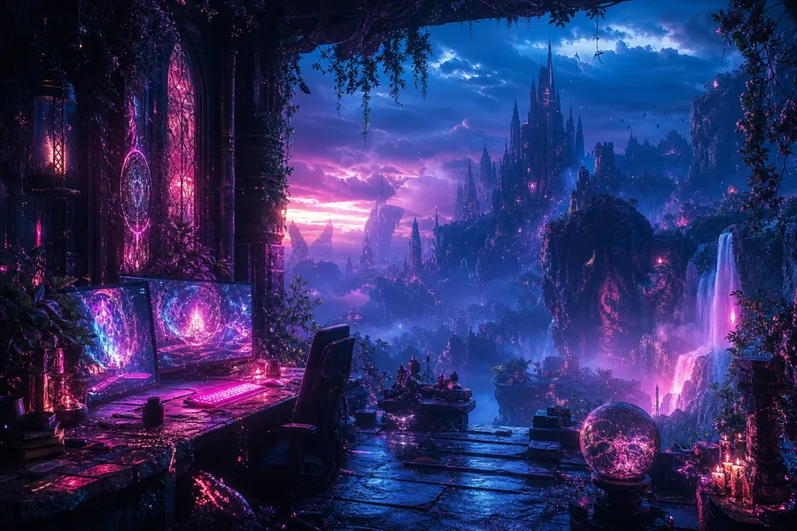 Cyberpunk Hacker Room With Neon Screens Fantasy Wallpaper  3 4K